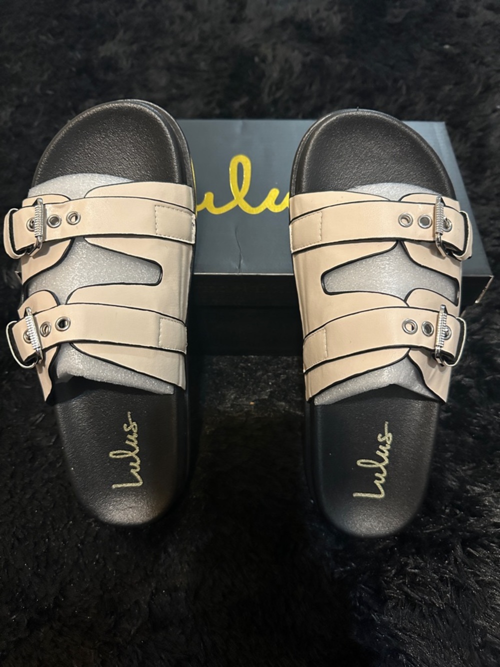 Lulu's Beige Triple-Buckle Slide Sandals with Black Footbed